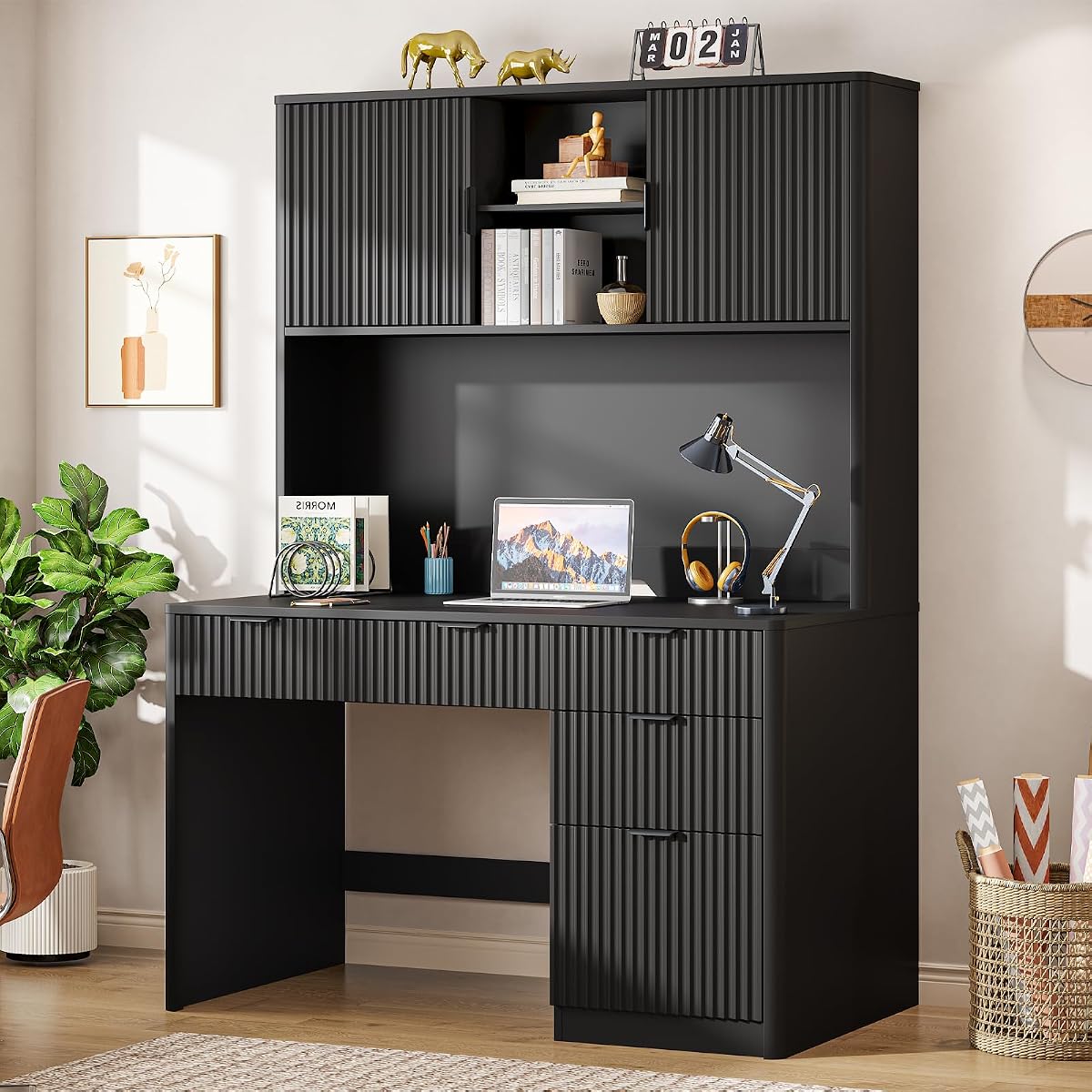 67" H Executive Desk with Fluted Drawers, 4 Drawers Fluted Computer Desk