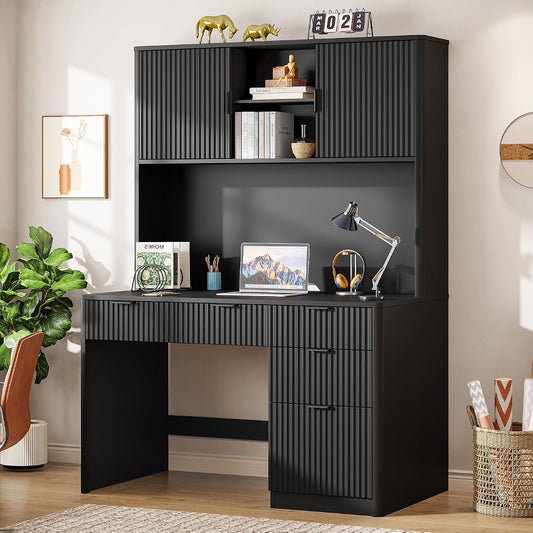 67" H Executive Desk with Fluted Drawers, 4 Drawers Fluted Computer Desk