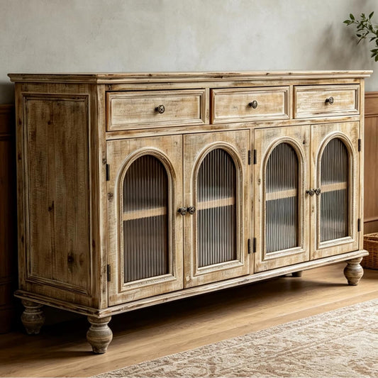 59" Farmhouse Sideboard Buffet Cabinet with 3 Drawers & 4 Glass Doors