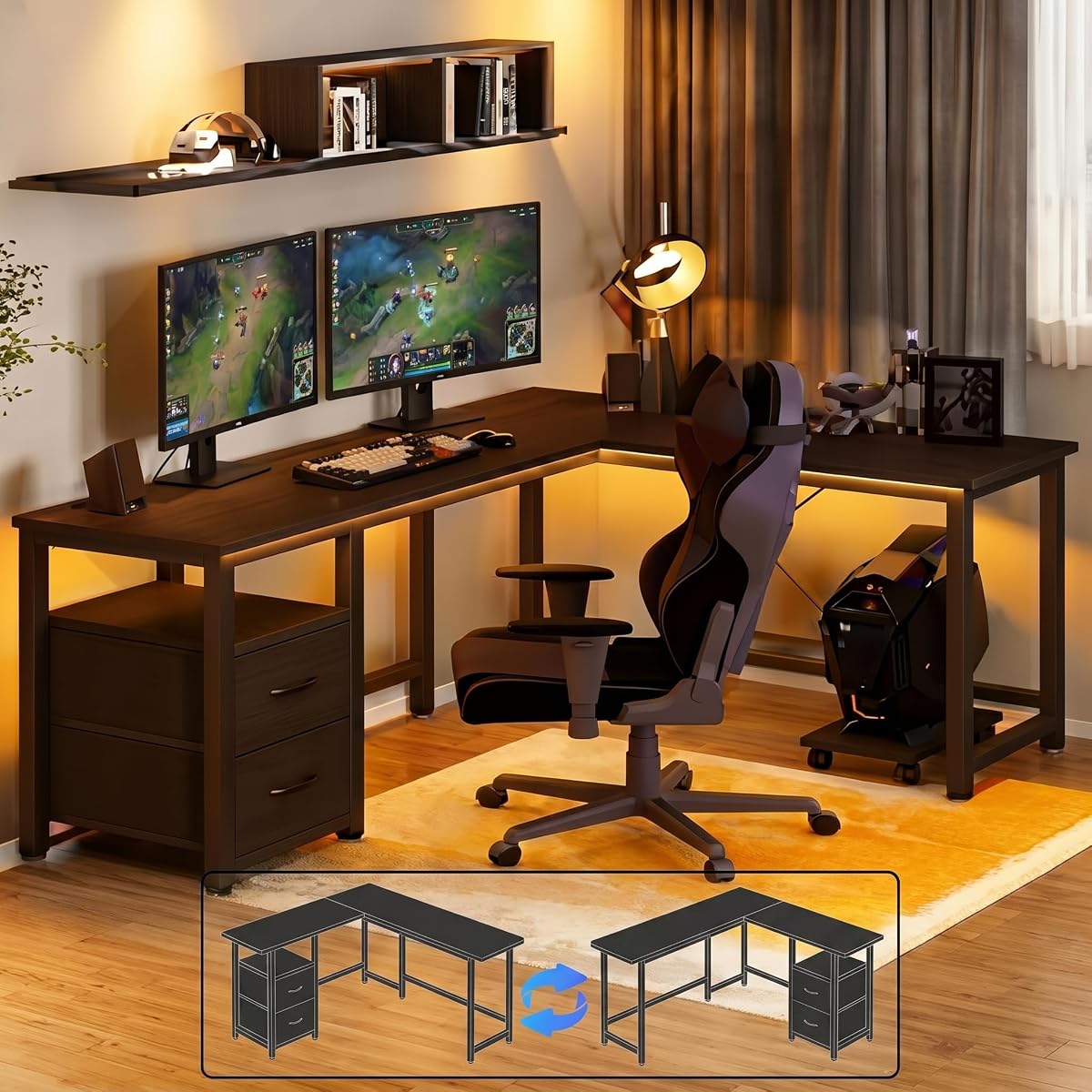66'' Gaming Desk with USB Ports Reversible L Shaped Computer Desk