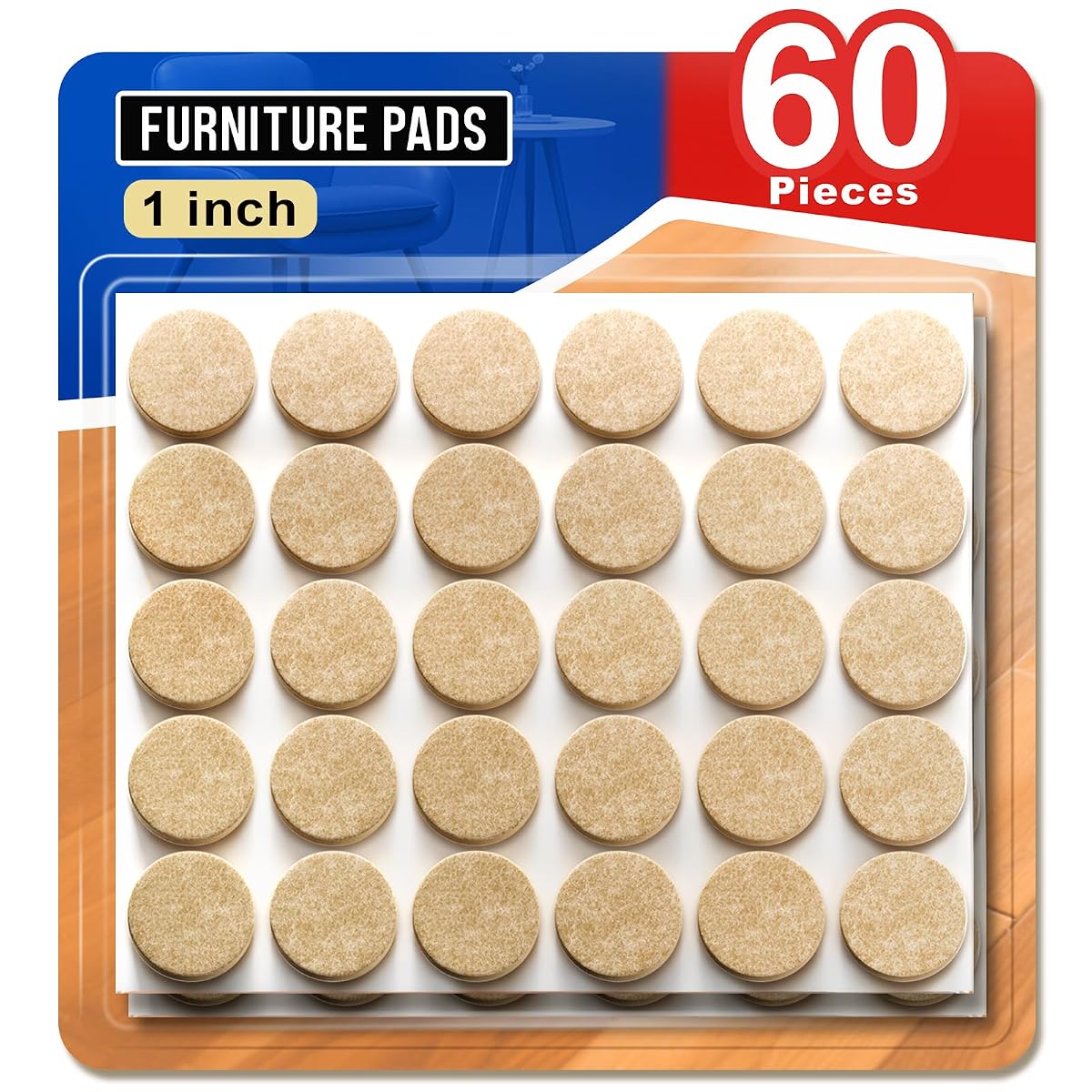 60 PCS Felt Furniture Pads 1", Felt Pads for Chair Leg Floor Protectors for Hardwood Floors Round (Beige)