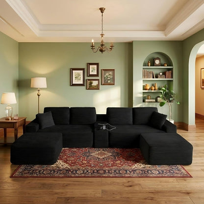 141" Oversized U Shaped Cloud Sectional Couches with Storage Console for Living Room, Corduroy Compressed Boneless Couch, Symmetrical Sofa & Couch with Movable Ottomans, Cup Holder