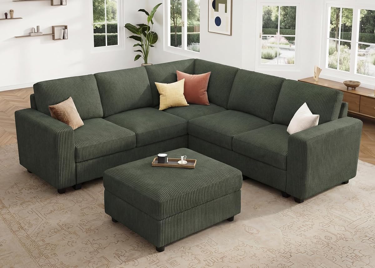 Corduroy Sectional Sofa with Storage Ottoman, 6 Seaters L Shaped Small Sectional Couch for Living Room, Green