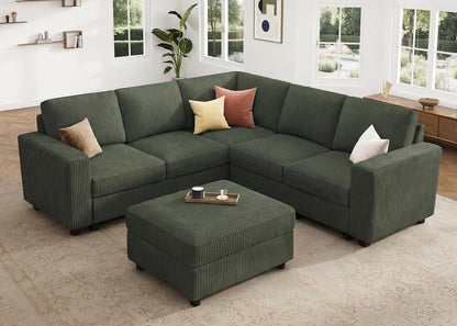 Corduroy Sectional Sofa with Storage Ottoman, 6 Seaters L Shaped Small Sectional Couch for Living Room, Green