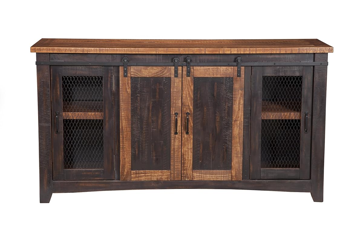 Martin Svensson Home 65" Solid Pine Wood Entertainment Center with Storage. Rustic TV Stand for TVs up to 70." Sliding Doors, Adjustable Shelves & Cable Management – Black and Honey Finish