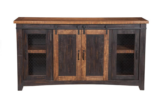 Martin Svensson Home 65" Solid Pine Wood Entertainment Center with Storage. Rustic TV Stand for TVs up to 70." Sliding Doors, Adjustable Shelves & Cable Management – Black and Honey Finish