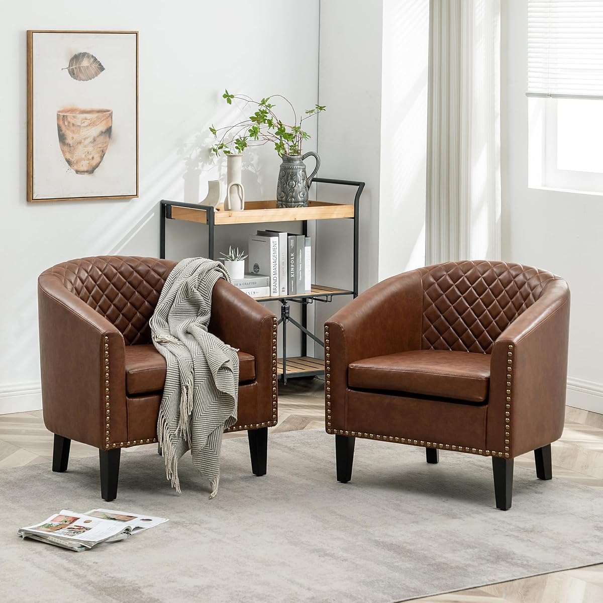 29" W Faux Leather Barrel Chairs Set of 2, Modern PU Upholstered Tufted Club Chairs with Nailhead Trim, Small Armchairs Accent Chairs for Living Room Bedroom Apartment Lounge Nursery, Brown