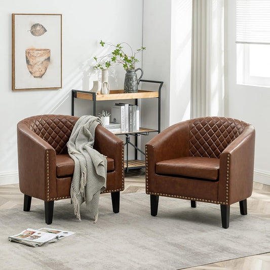 29" W Faux Leather Barrel Chairs Set of 2, Modern PU Upholstered Tufted Club Chairs with Nailhead Trim, Small Armchairs Accent Chairs for Living Room Bedroom Apartment Lounge Nursery, Brown