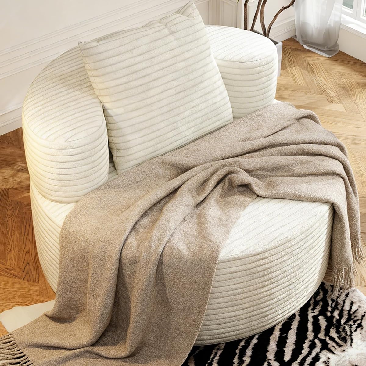 37.4" Oversized Boneless Chair Round, Chaise Lounge Boneless Accent Chair Indoor, Upholstered Corduroy Deep Seat Sofa Chair, No Assembly Required, for Living Room Bedroom Apartment