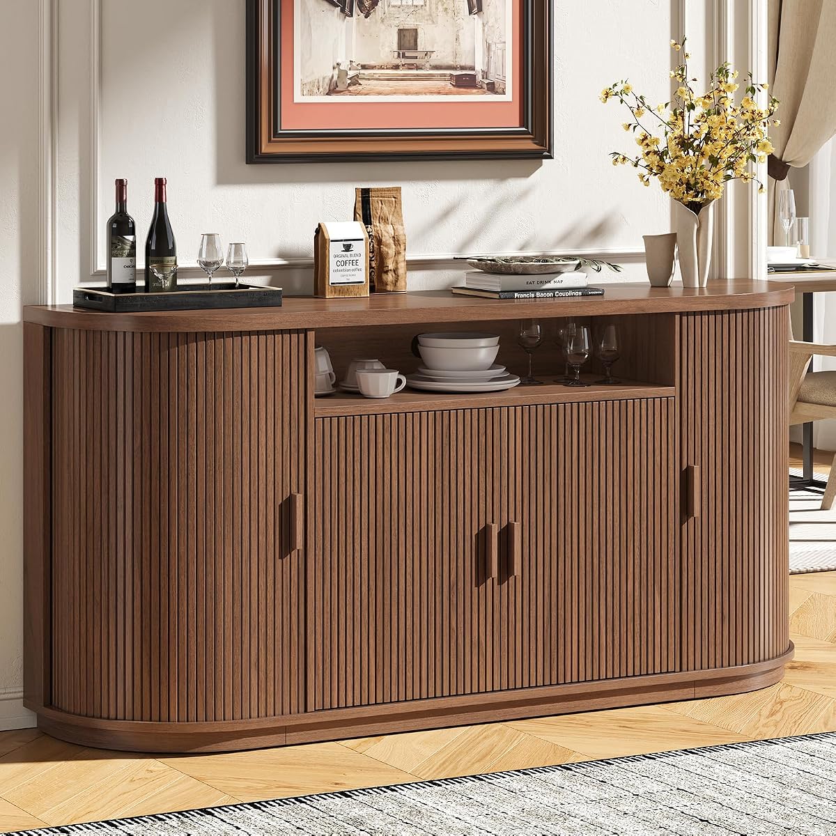 63" Sideboard Buffet Cabinet with Storage, Modern Fluted Credenza, Walnut