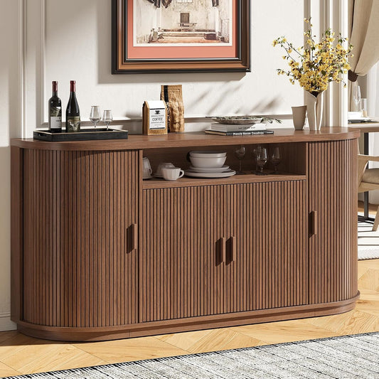 63" Sideboard Buffet Cabinet with Storage, Modern Fluted Credenza, Walnut