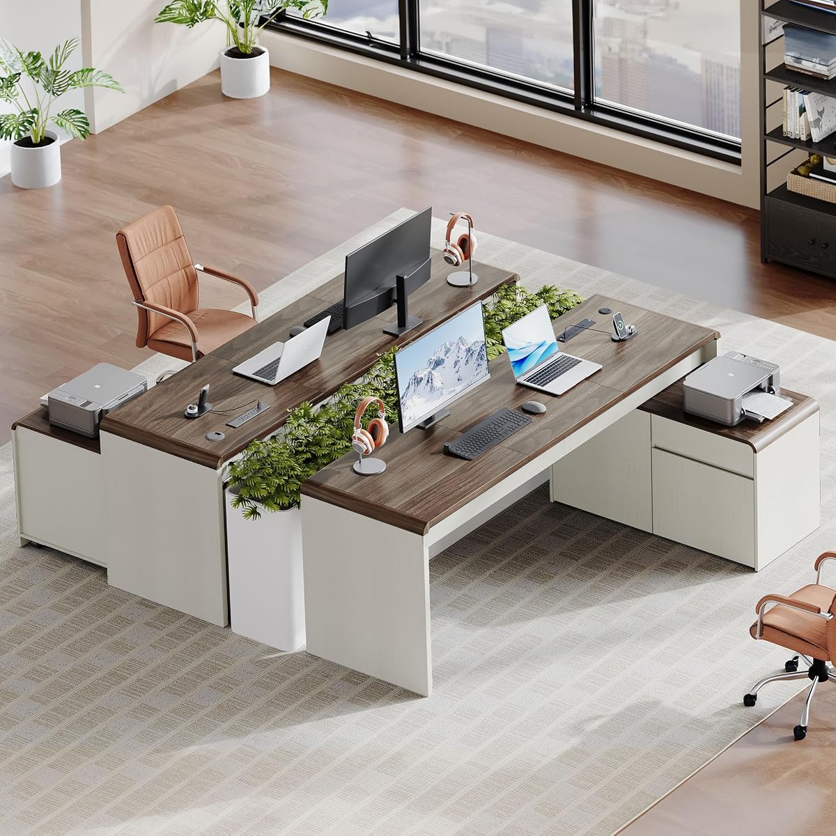 78.7 Inch Large L Shaped Desk with Drawers, White & Walnut, 2 Pack