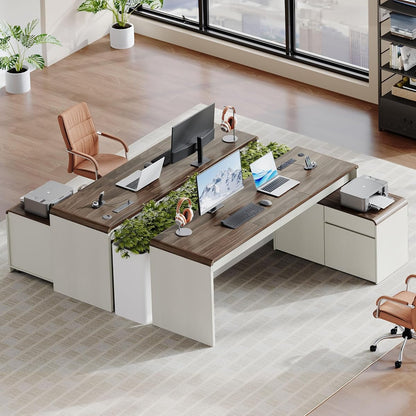 78.7 Inch Large L Shaped Desk with Drawers, White & Walnut, 2 Pack