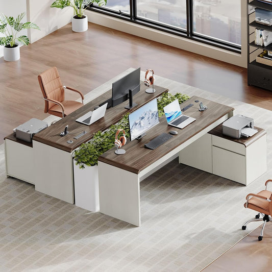 78.7 Inch Large L Shaped Desk with Drawers, White & Walnut, 2 Pack