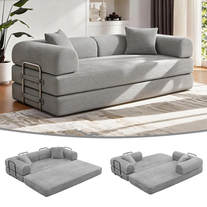 78 inch Sofa Bed 4-in-1 Boneless Convertible Corduroy Sleeper Folding Couch with Fixed-Shape Frame and 2 Futons No Assemble Required 3 Seater Upholstered for Living Room (Light Grey, 78 inch)