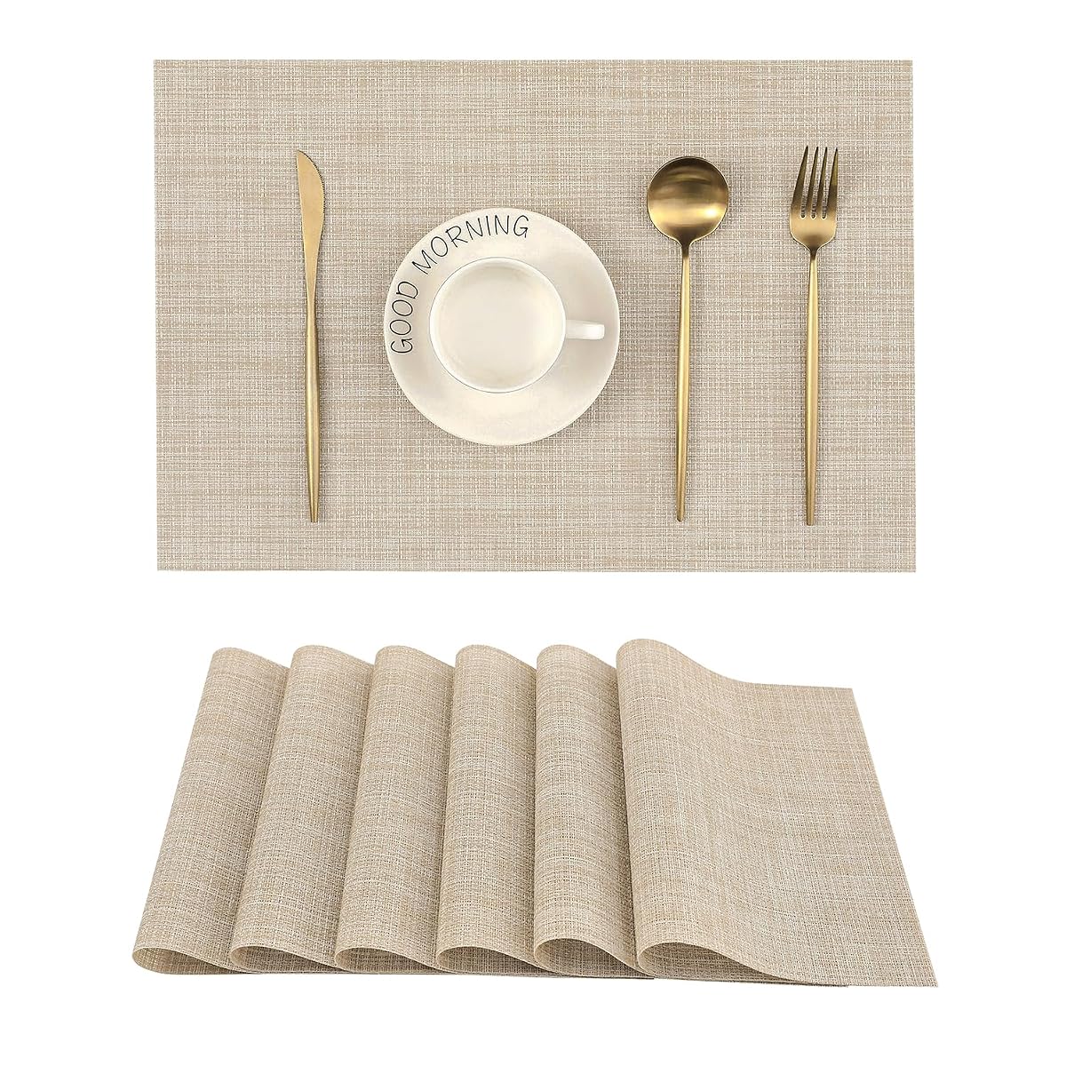 Beige Placemats Set of 6 - Heat-Resistant, Non-Slip Table Mats, Washable Woven Vinyl for Indoor & Outdoor Dining