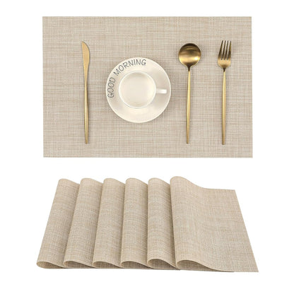 Beige Placemats Set of 6 - Heat-Resistant, Non-Slip Table Mats, Washable Woven Vinyl for Indoor & Outdoor Dining