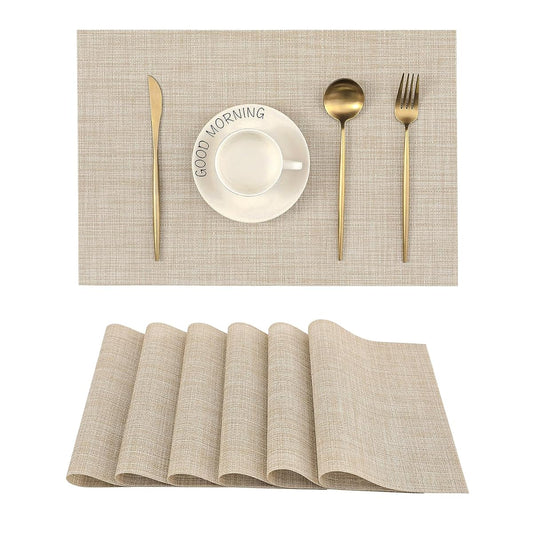 Beige Placemats Set of 6 - Heat-Resistant, Non-Slip Table Mats, Washable Woven Vinyl for Indoor & Outdoor Dining