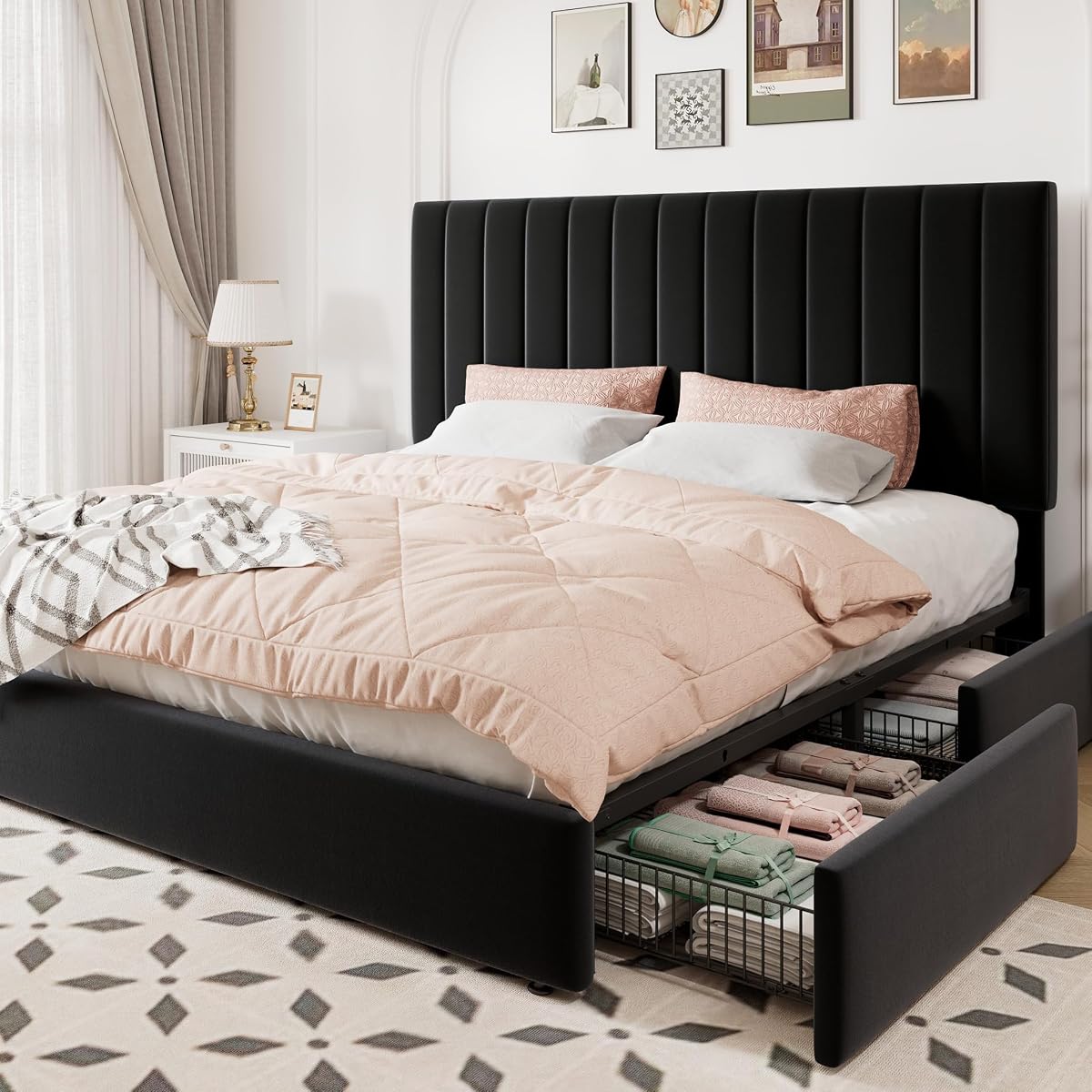King Size Storage Bed Frame, Vertical Channel Tufted Adjustable Headboard