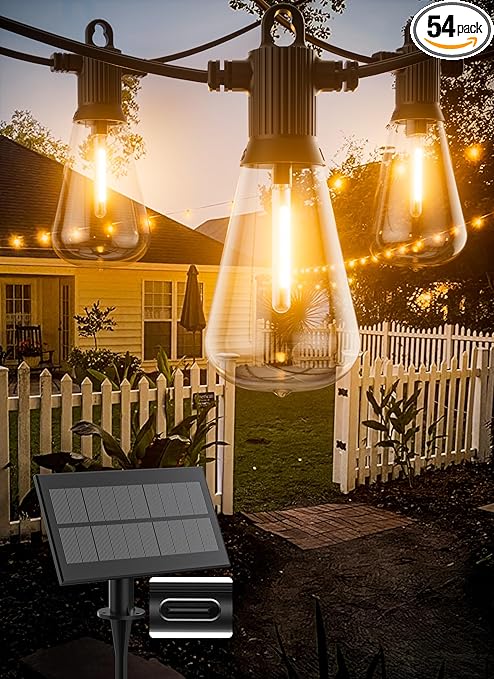 Solar String Lights Outdoor Waterproof 100FT with USB Port and 52 Shatterproof ST38 Bulbs(2 Spare), LED Solar Powered Patio Lights for Outside, Porch, Backyard, Gazebo, Garden(Warm White)