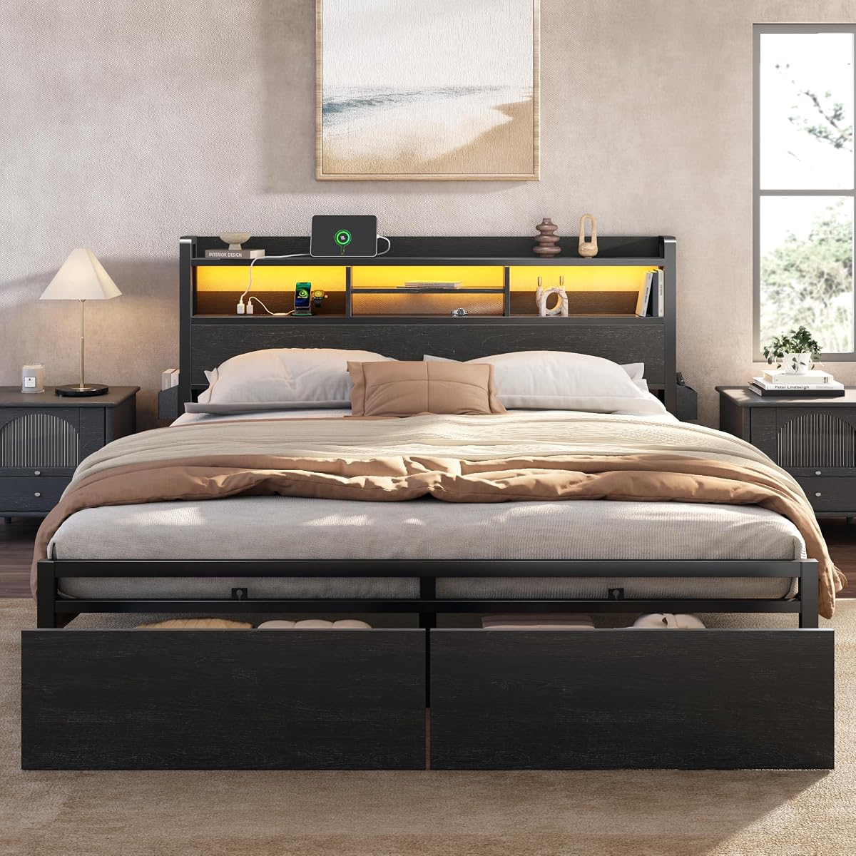 King Size Bed Frame with 2 Drawers and Storage Headboard Black, Charging Station