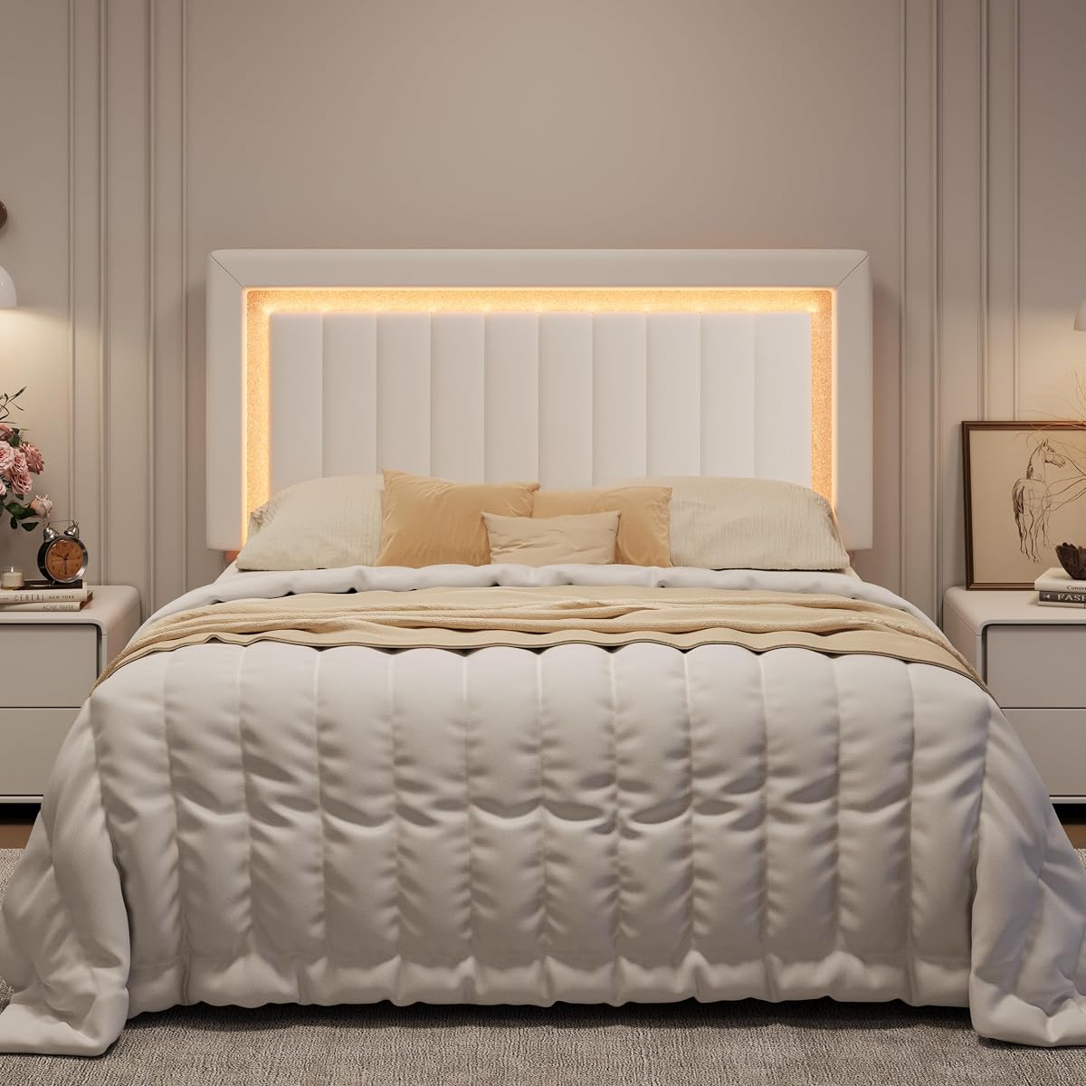 Full Size Velvet Bed Frame with LED Light, White
