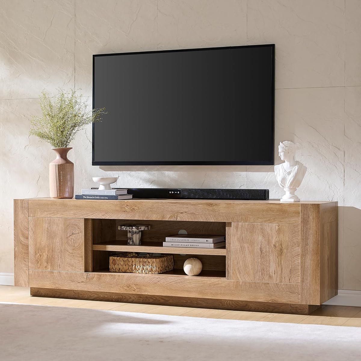 70" Modern TV Stand for 80" TV, Thick Block TV Console,Light Knotty Oak