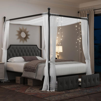 Full Upholstered Canopy Bed Frame with 2 Storage Drawers & Button Tufted