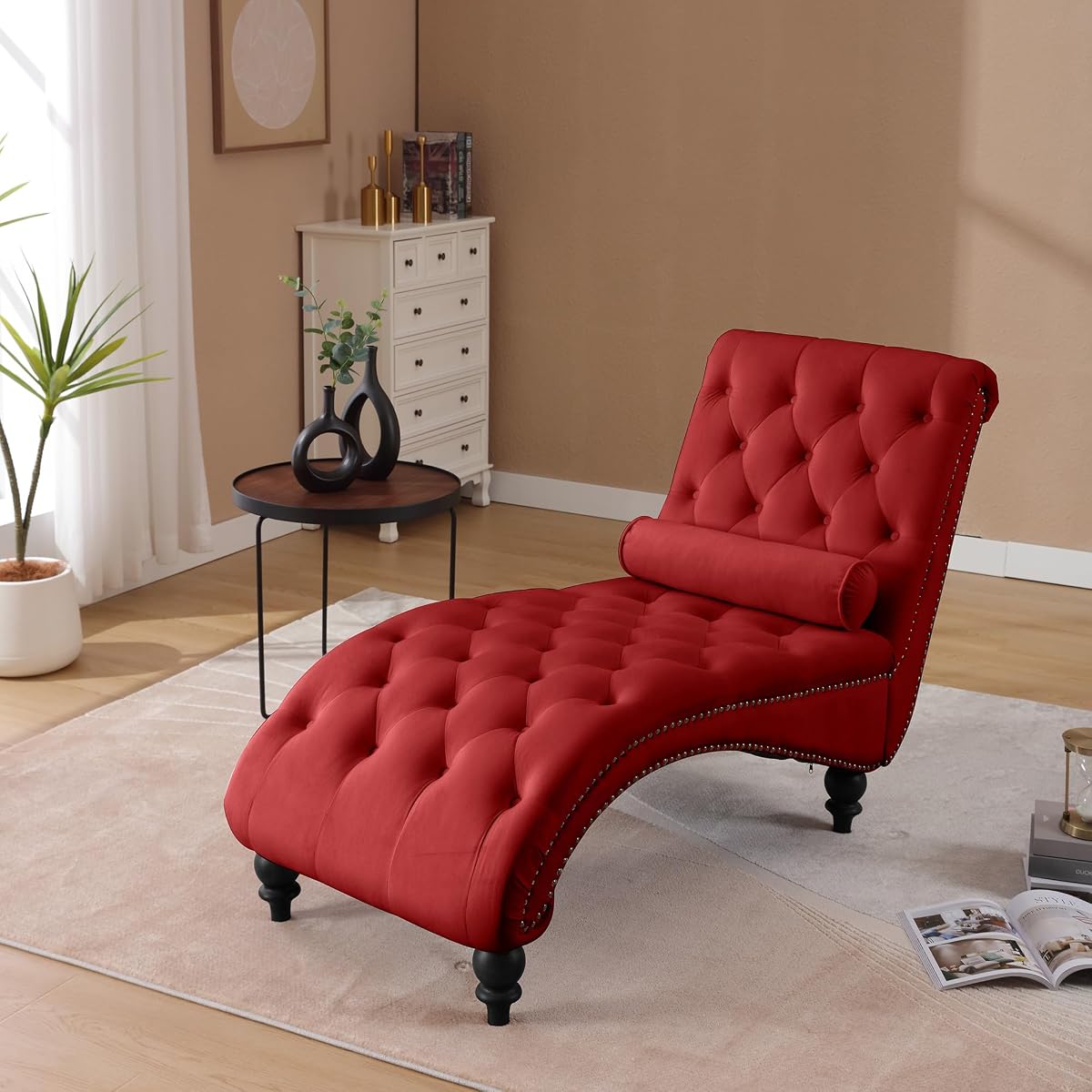 Button-Tufted Velvet Chaise Lounge Chair with Wood Legs & Toss Pillow