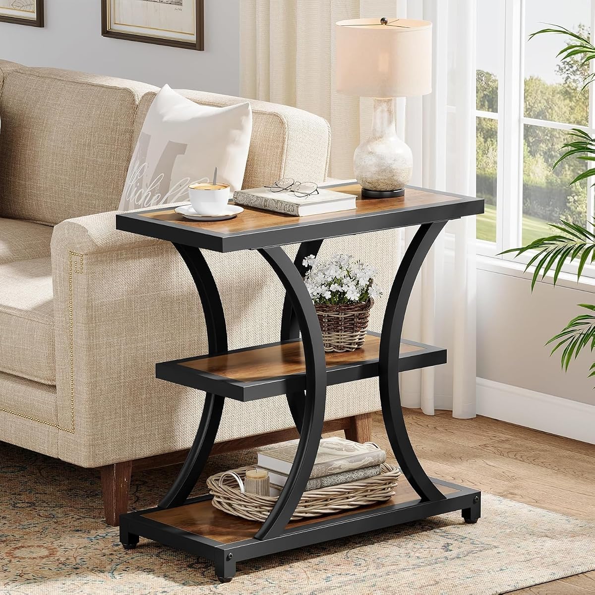 Tribesigns End Table with Storage, 3-Tier Side Table with Geometric Metal Design, Industrial Nightstand for Small Spaces, Living Room, Bedroom, Study Room (Rustic Brown)