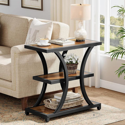 Tribesigns End Table with Storage, 3-Tier Side Table with Geometric Metal Design, Industrial Nightstand for Small Spaces, Living Room, Bedroom, Study Room (Rustic Brown)