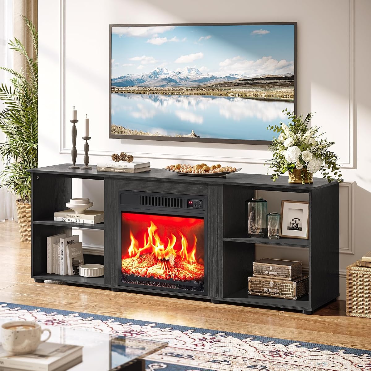 58" Fireplace TV Stand for Living Room, 4 Open Shelves, Black