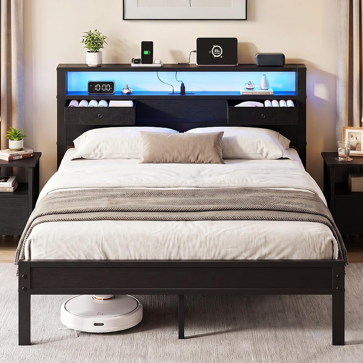 Queen Size Bed Frame with 2 Fabric Drawers and Storage Headboard