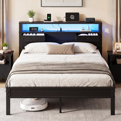 Queen Size Bed Frame with 2 Fabric Drawers and Storage Headboard
