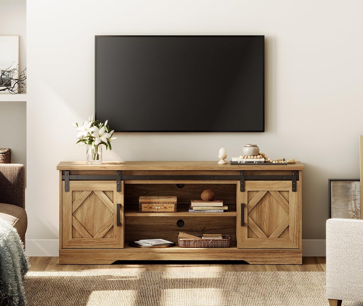 Farmhouse Style TV Stand for 55-65 inch TV w/Distressed Wood Finish
