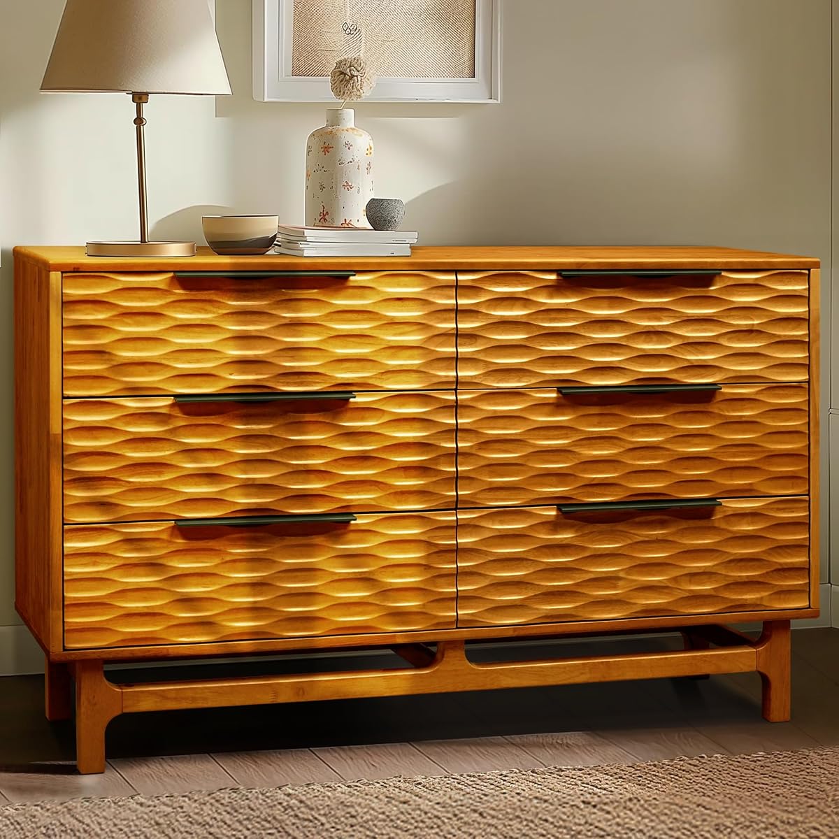 Acacia Elara 54" Solid Wood Dresser with 6 Drawers, Caramel