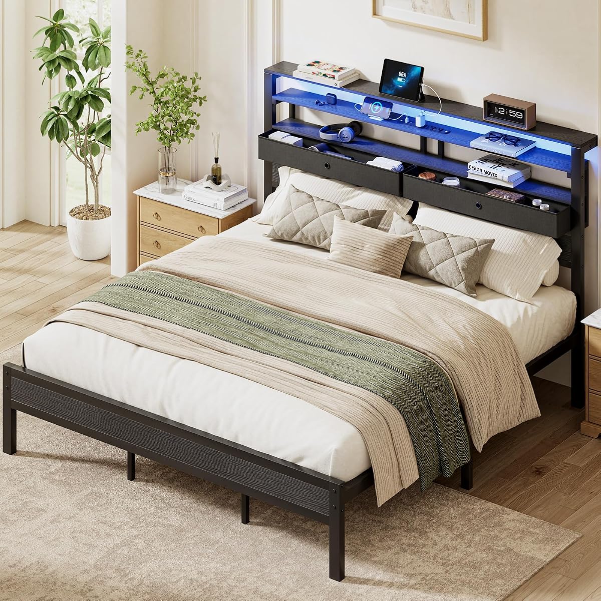 King Bed Frame with Storage, LED Lights and Charging Station