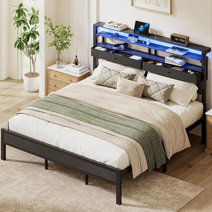 King Bed Frame with Storage, LED Lights and Charging Station