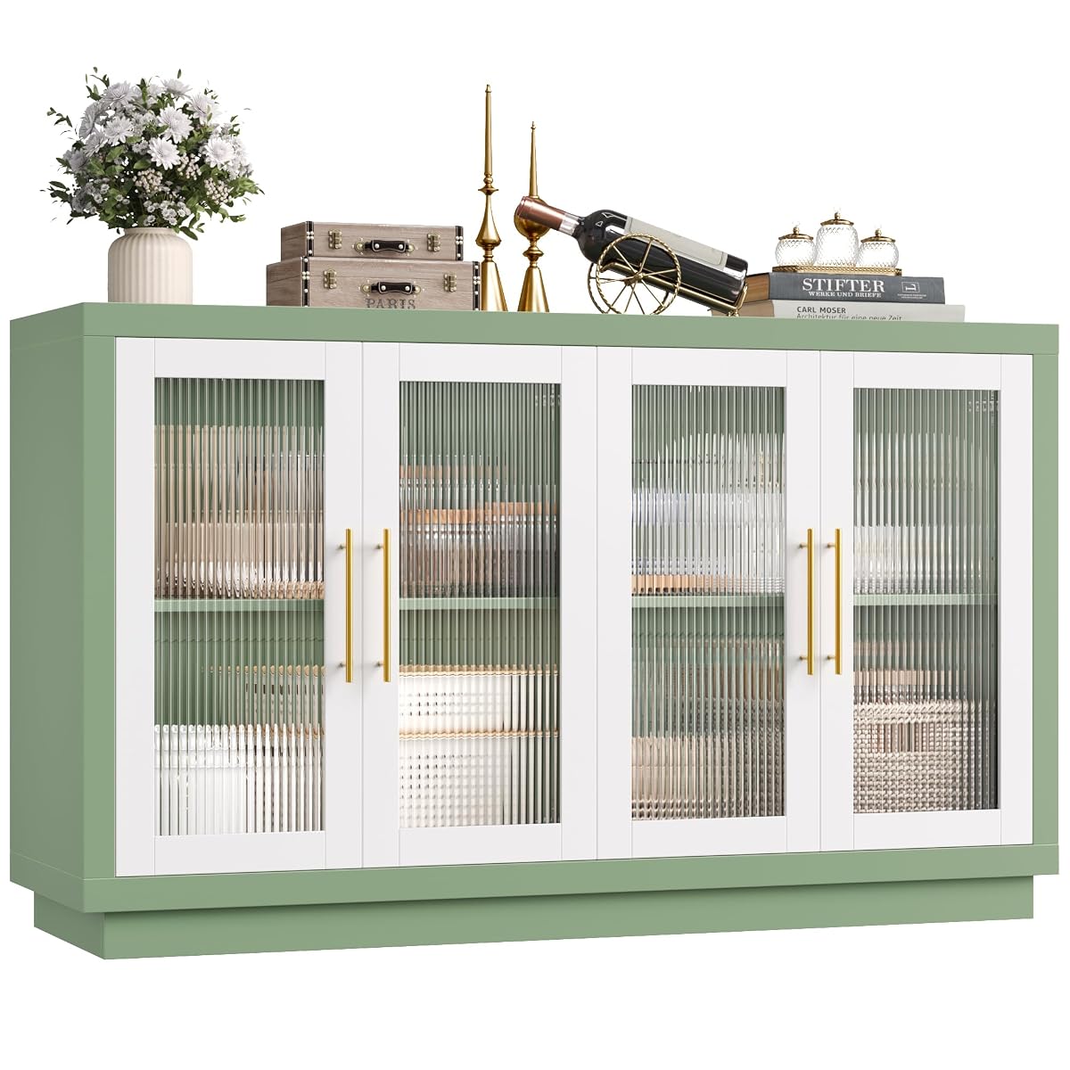 Buffet Cabinet with Storage, Kitchen Cabinet with 4 Glass Doors