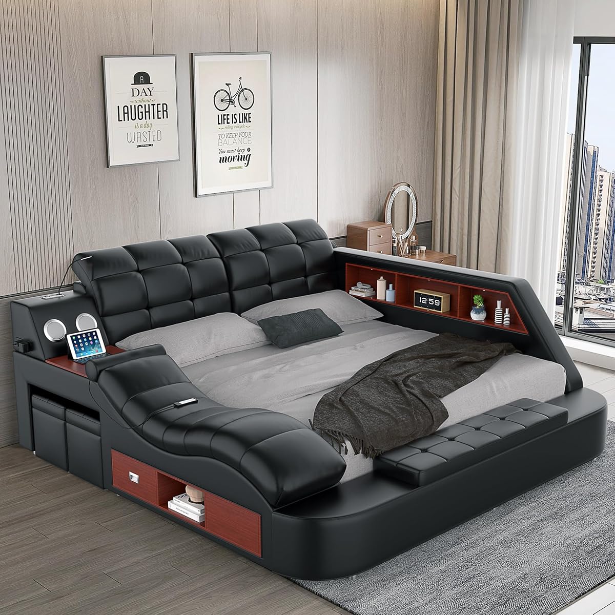 Black multifunctional massage recliner bed with music and charging features