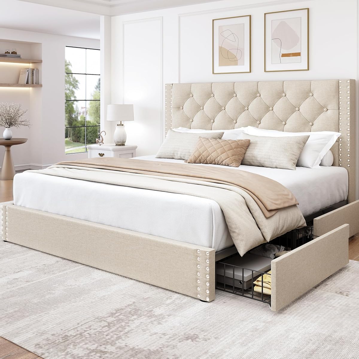 Queen Size Bed Frame with 4 Storage Drawers and Tufted Headboard Linen