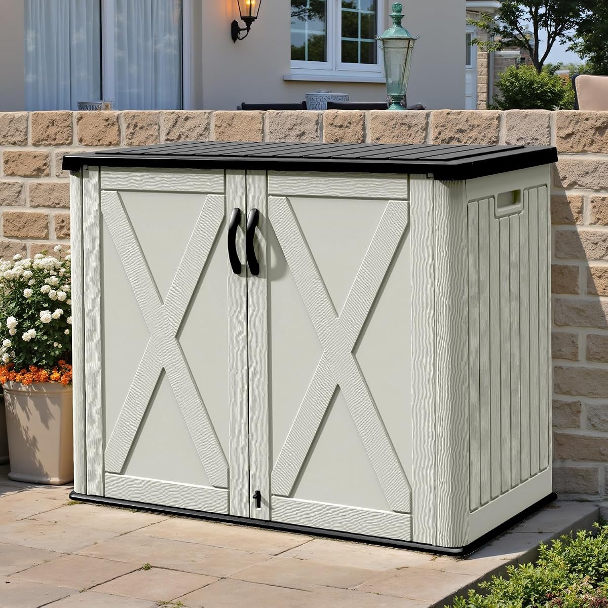 26 Cu.ft Outdoor Storage Cabinet with Lockable Door, Waterproof Horizontal Storage Shed for Tools and Patio Furniture, All-Weather Resin Shed Easy Assemble for Pool or Backyards, Brown