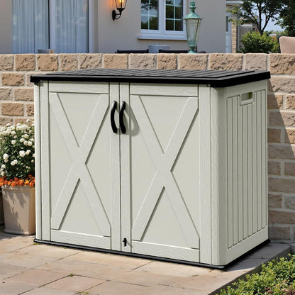 26 Cu.ft Outdoor Storage Cabinet with Lockable Door, Waterproof Horizontal Storage Shed for Tools and Patio Furniture, All-Weather Resin Shed Easy Assemble for Pool or Backyards, Brown