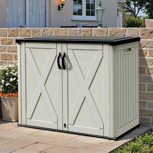 26 Cu.ft Outdoor Storage Cabinet with Lockable Door, Waterproof Horizontal Storage Shed for Tools and Patio Furniture, All-Weather Resin Shed Easy Assemble for Pool or Backyards, Brown