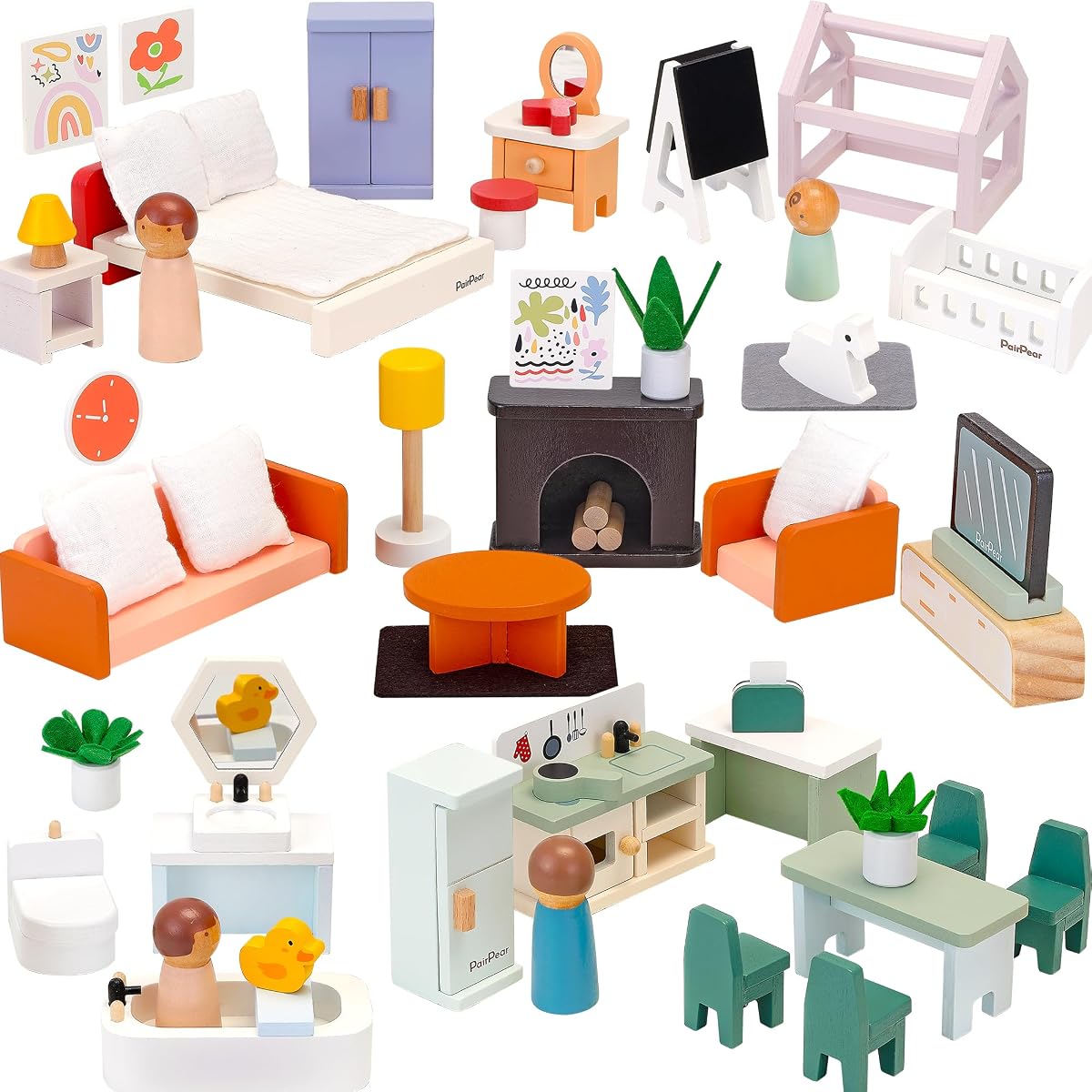 Large Dolhouse Furniture Set, Kids Dollhouse Accessories with Bedroom, Kitchen, Bathroom, Living Room & Kids Room, Montessori Pretend Play Doll House Toys for Kids Girls Boys Age 3+