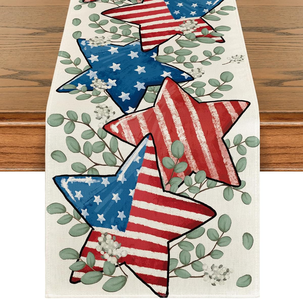American Flag Stars Eucalyptus 4th of July Table Runner, Memorial Day Kitchen Dining Table Decoration for Home Party Decor 13x72 Inch