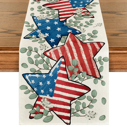 American Flag Stars Eucalyptus 4th of July Table Runner, Memorial Day Kitchen Dining Table Decoration for Home Party Decor 13x72 Inch