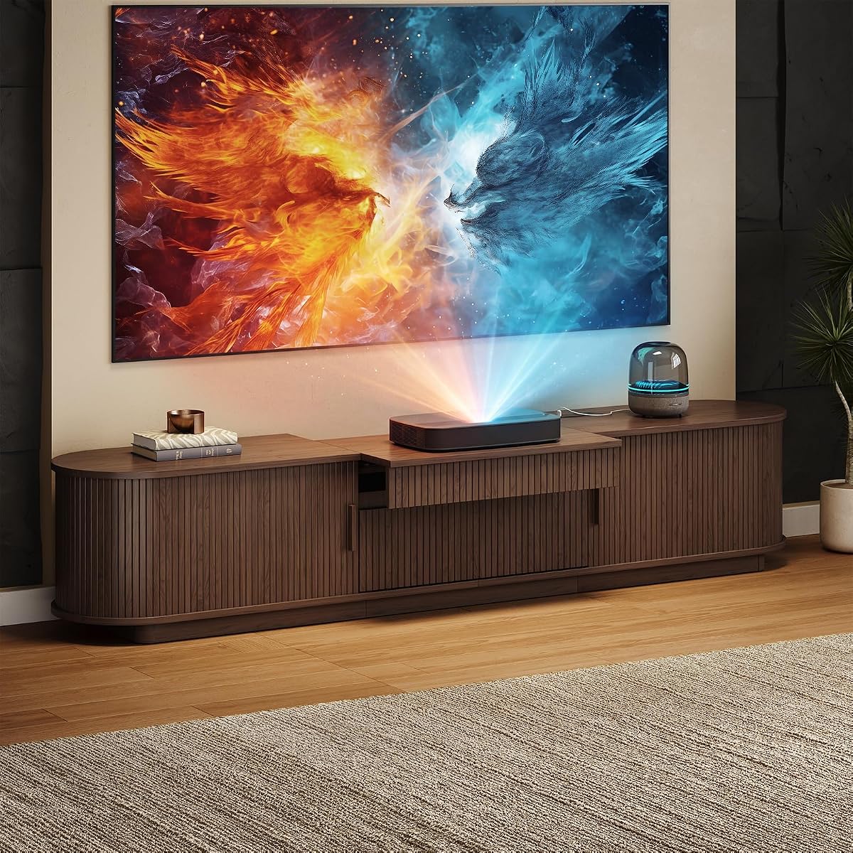 86.6" Projector TV Stand with Outlets for Screen up to 120", Walnut