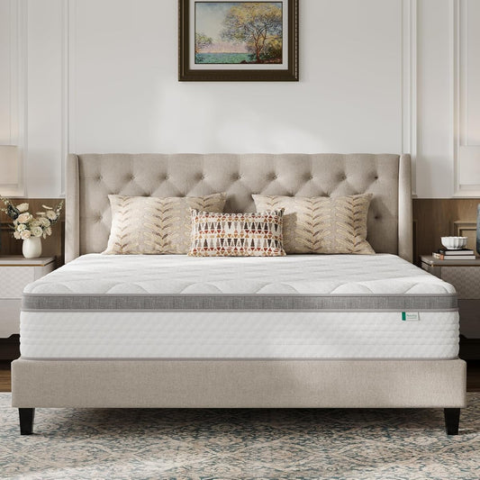 Queen Mattress, 12 Inch Hybrid Mattress Queen with Comfort Foam,Innerspring Pillow Top Mattresses in a Box, Pressure & Pain Relief, Soft Feel but Supportive