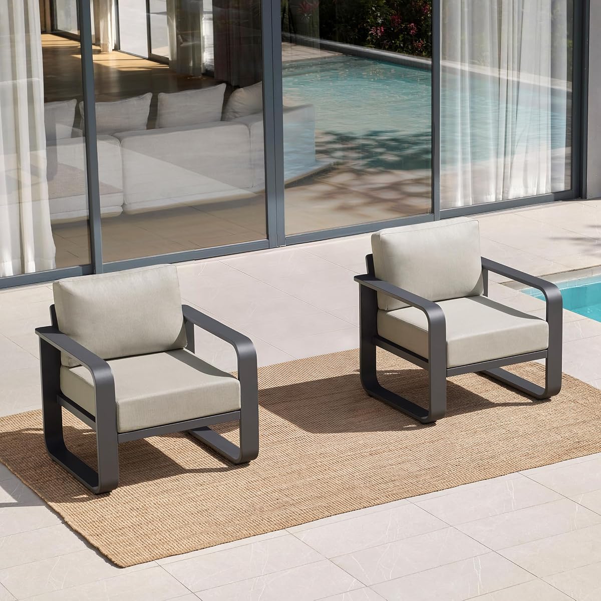 CHITA Aluminum Outdoor Chairs Set of 2, Modern Patio Furniture Chairs Set | 100% Aluminum Frame, Wood-Like Finish Grain, 6.3in Thickened Cushion, OEKO-TEX Olefin Washable Covers, Anti-slip Straps